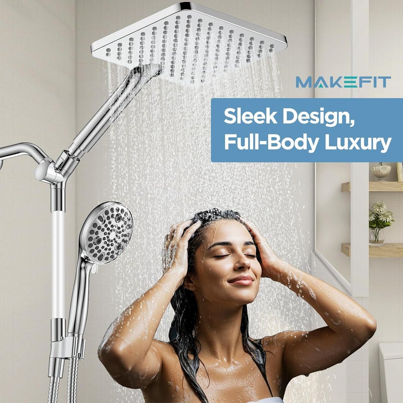 MakeFit Dual Handheld Shower Head Combo, 2-in-1 Rain Shower Heads System Wide Rainfall Shower Head and 10 Modes High Pressure Hand Held Showerhead with Built-in Power Wash - Chrome - Image 2